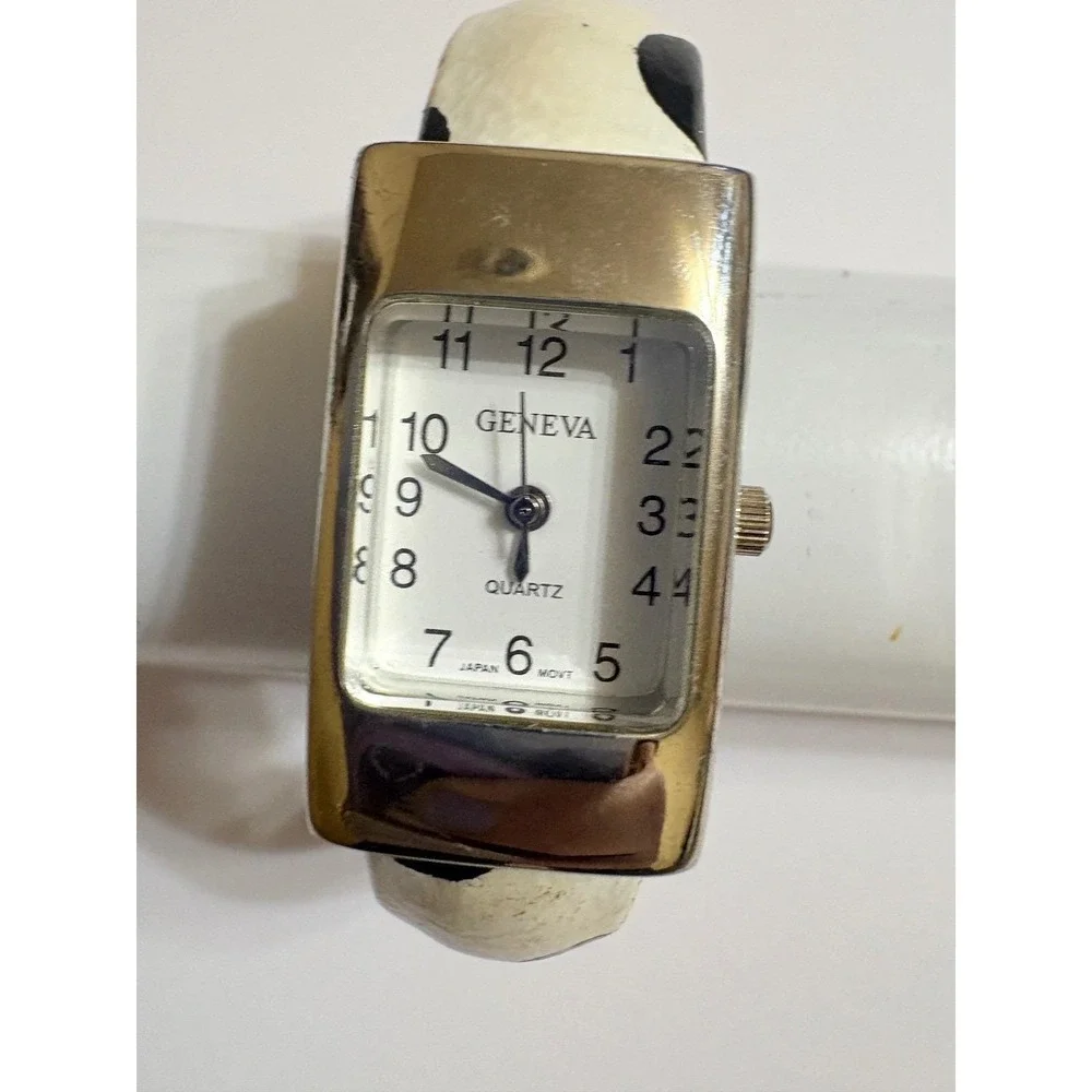 Geneva Women Quartz Watch Cow Print Cuff‎ Band Silver Tone Bracelet Japan Movt